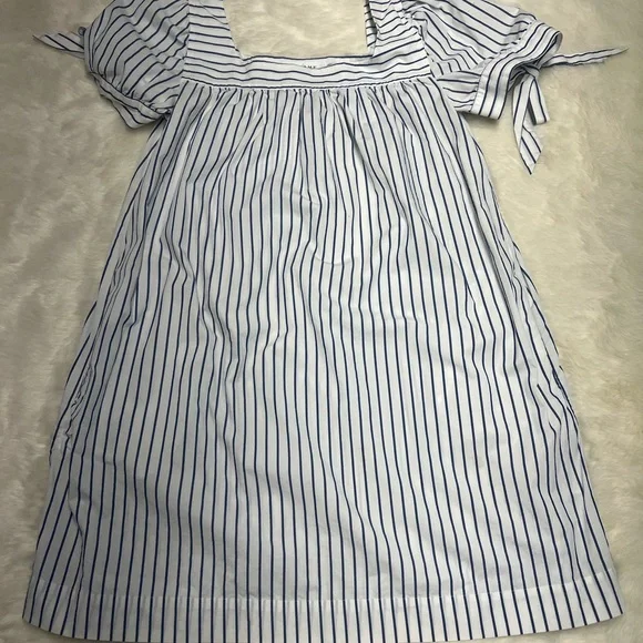 FRAME blue/white striped babydoll dress with tie sleeves 100% cotton pockets - Picture 2 of 6